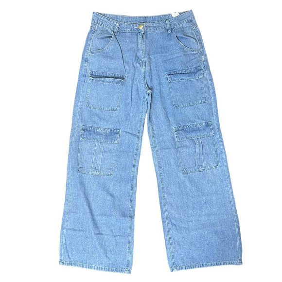 Womens Cargo Jeans Size XL Blue Wide Leg High Rise Multiple Pockets - Picture 4 of 15